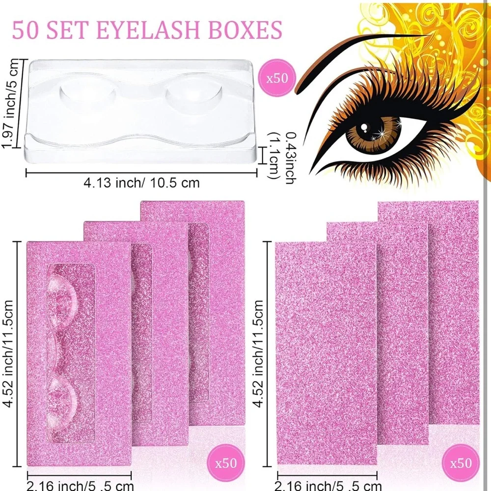 50 Sets Empty Eyelash Case Set- 50 box, 50‎ tray- Pink